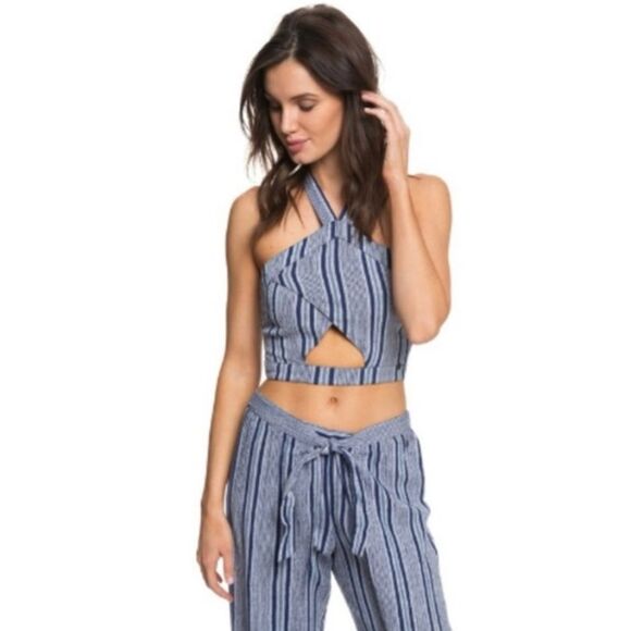 Roxy Blue Striped Cutout Cropped Halter Top - Picture 4 of 10